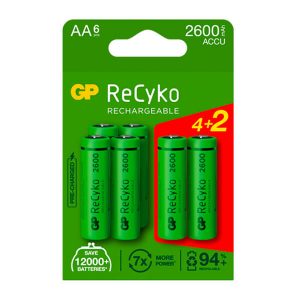 6 stk. genopladelige AA ReCyko batterier | 2600mAh AA AAA C D 9V